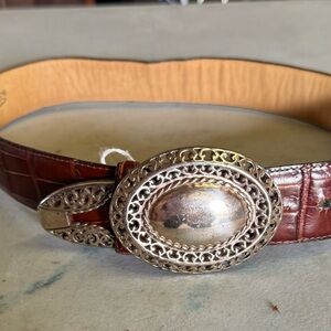 Brighton Brown Leather Belt with Ornate Silver Buckle croc embossed